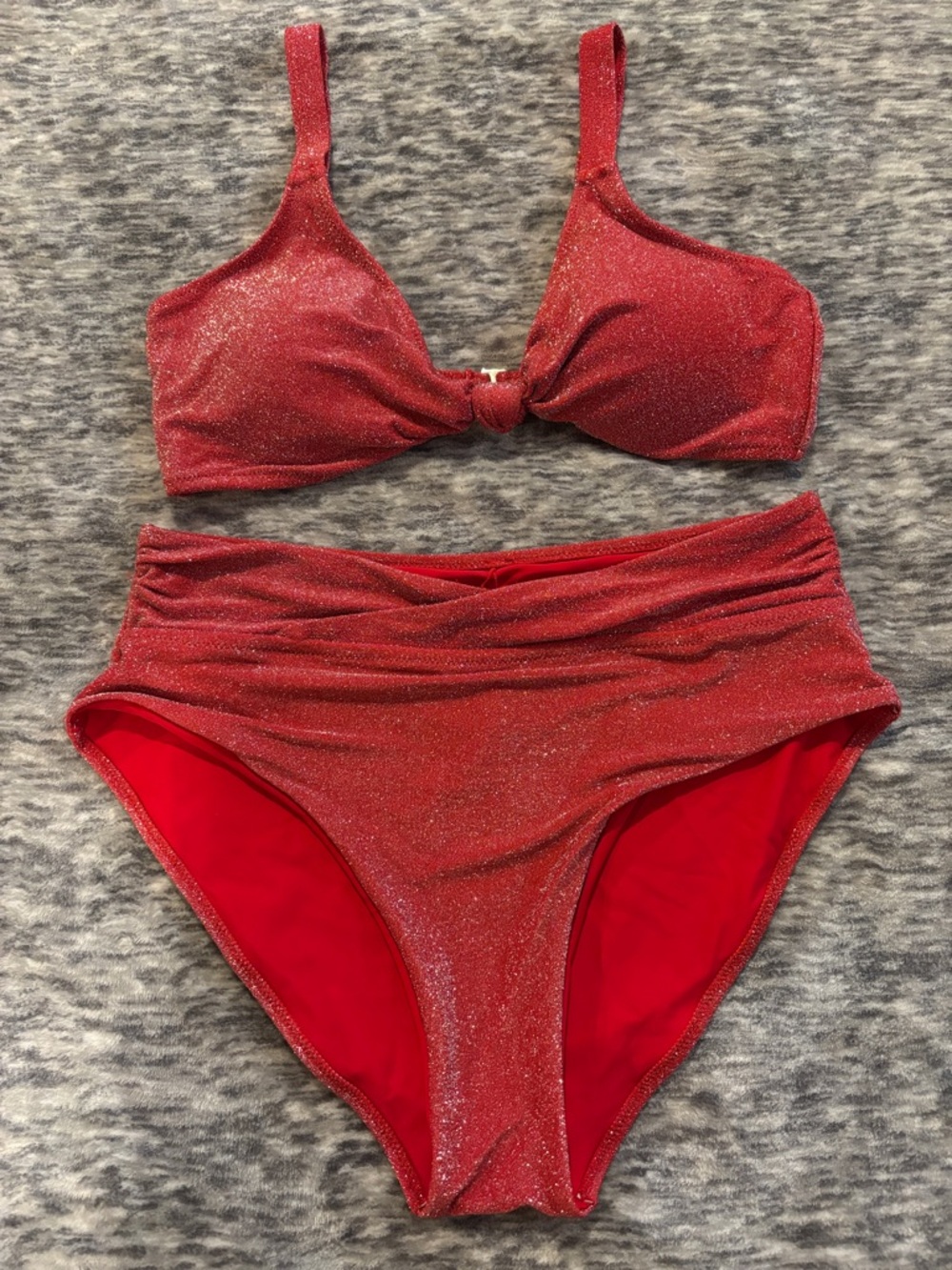 Berlook Red Sparkly Bikini Set Twist Front High Waisted Shimmer NWT E233 - Picture 2 of 7